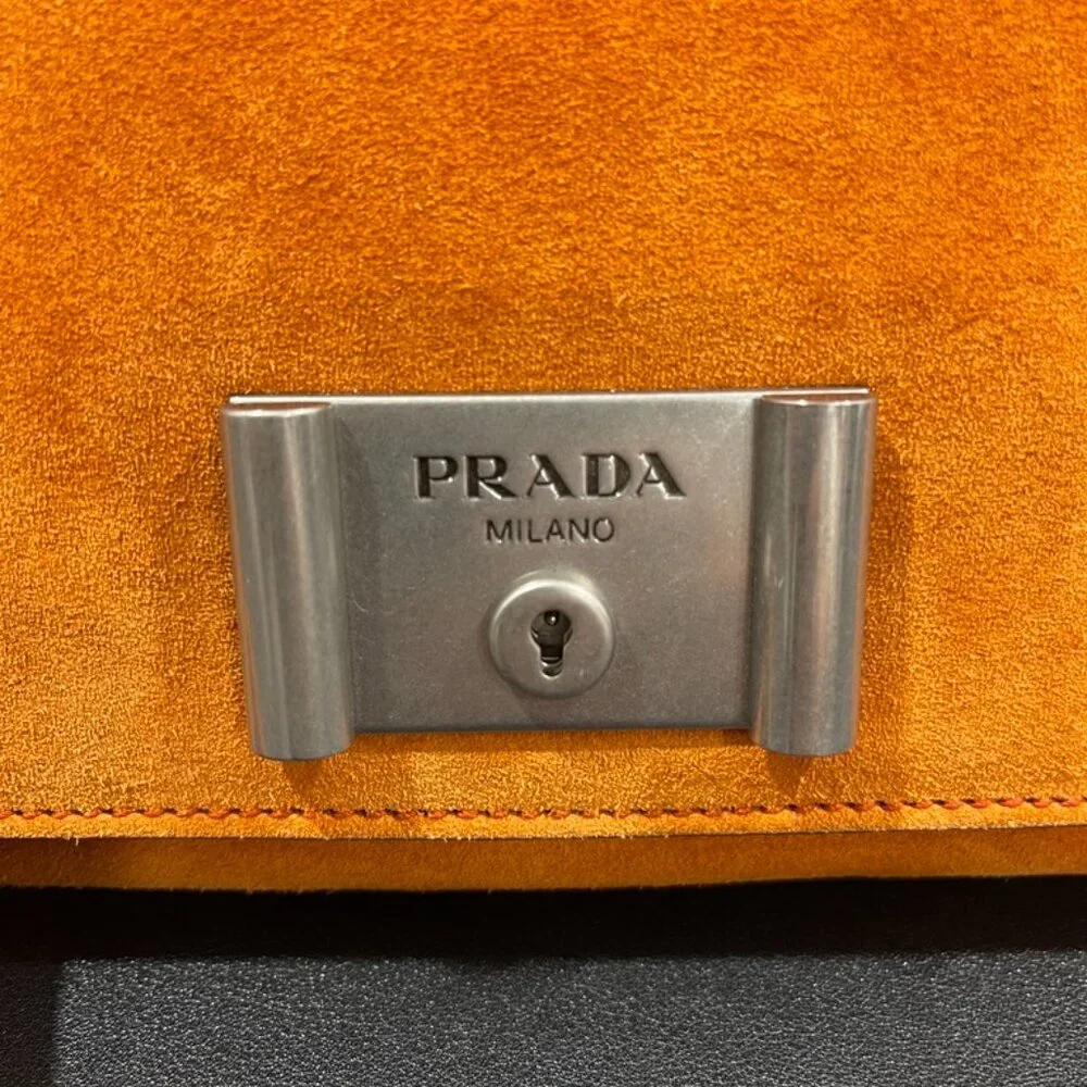 Prada Orange Suede Lock Flap Chain Shoulder Bag (141155)